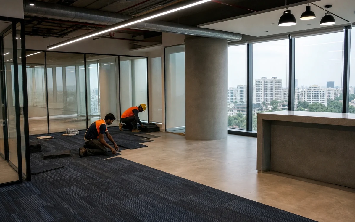 Two workers laying carpet tiles on an office floor beside glass partitions and a grey counter