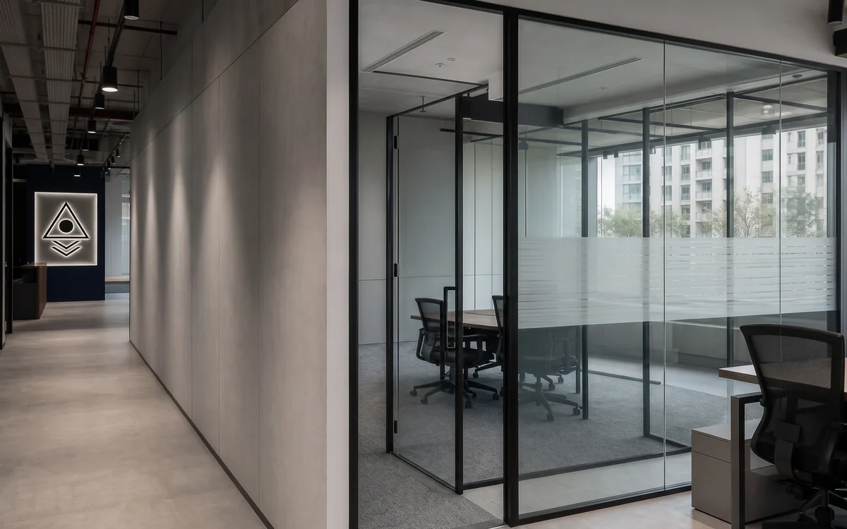 Finished office corridor beside a glass-walled meeting room with a frosted privacy band, grey wall panels and a lit logo at the far end