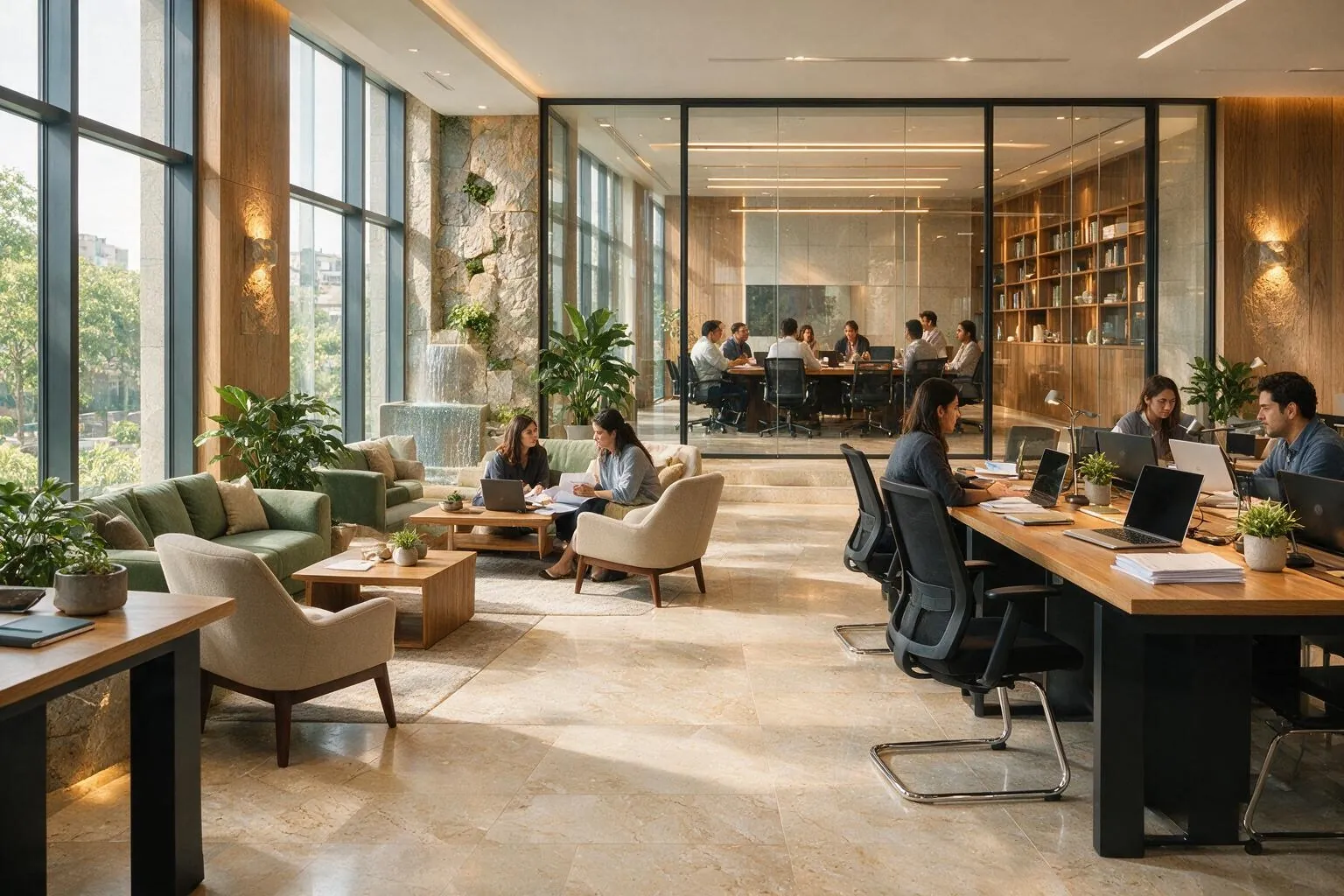Occupied open-plan office with a glazed meeting room, timber shelving, lounge seating and people working at long desks