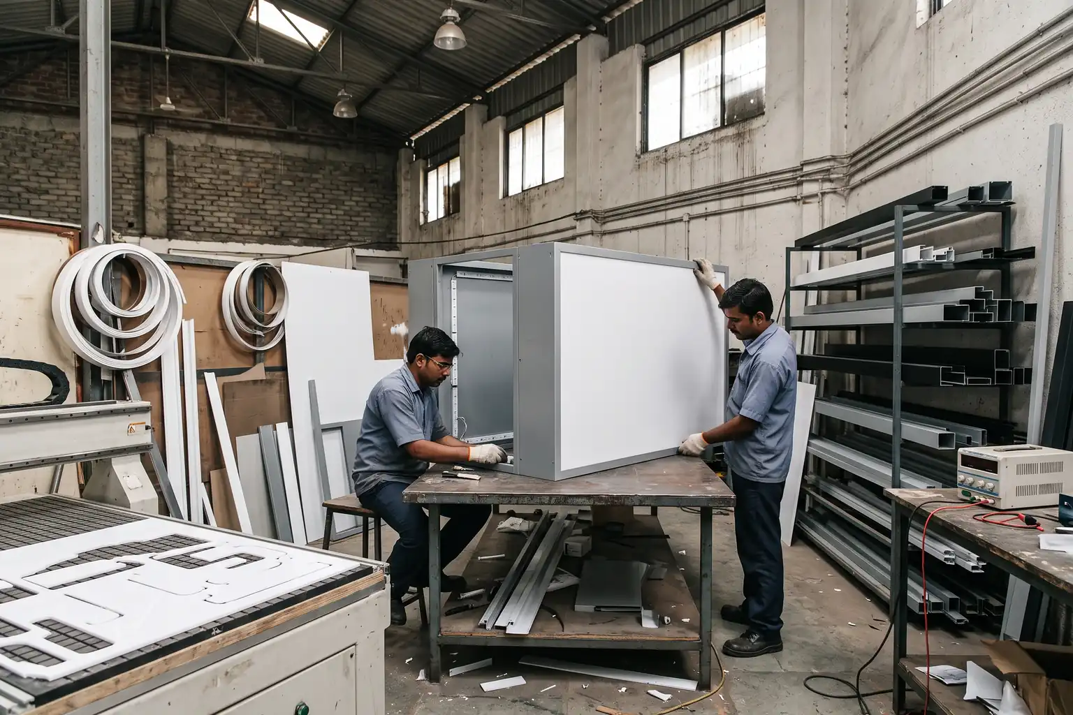 Technicians assembling aluminium sign frames and returns on workbenches in a signage workshop