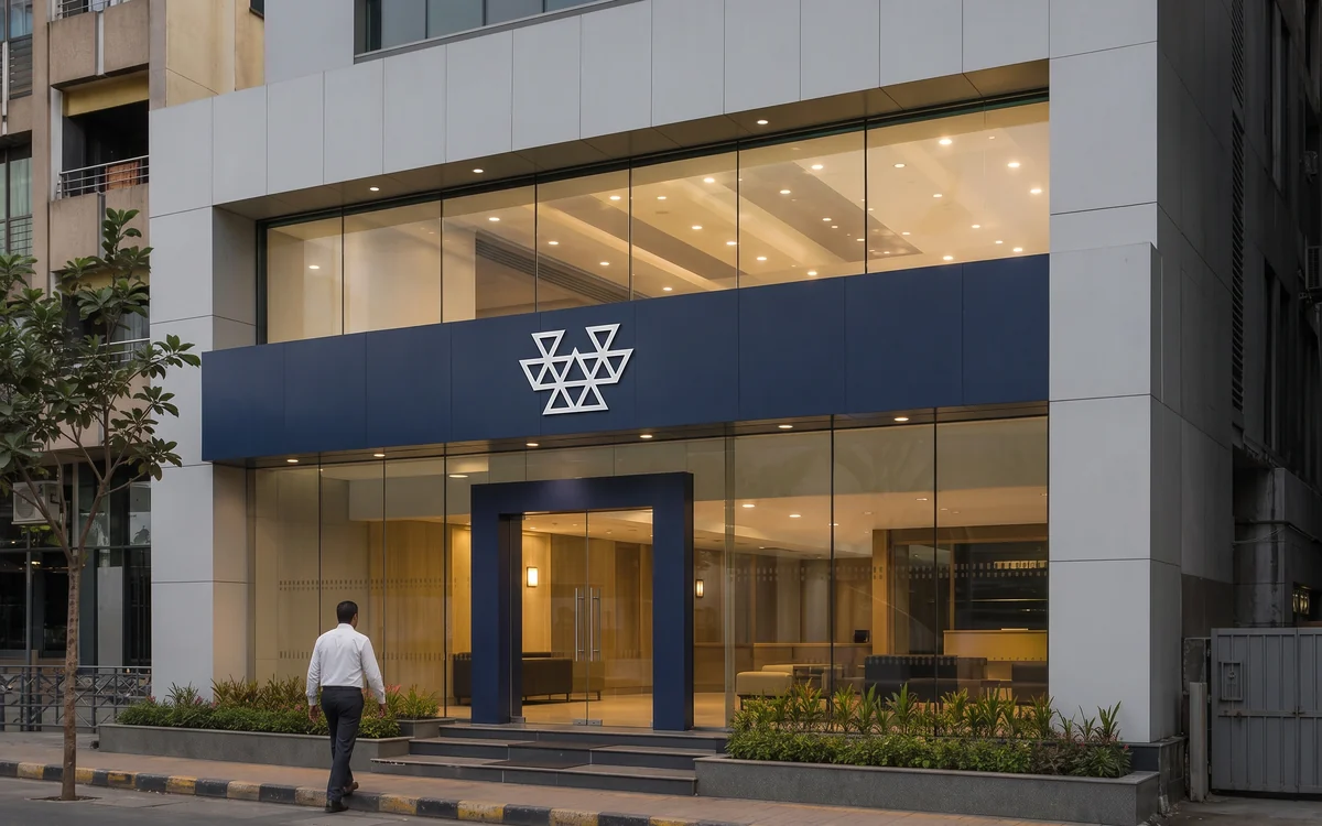 Grey and navy facade with a brand mark above a glazed entrance and landscaping in front