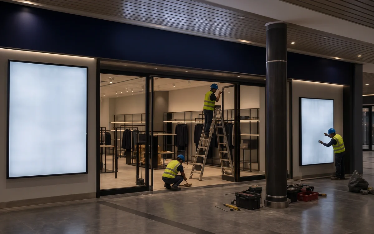Two lit light box panels on a store front while installers work inside