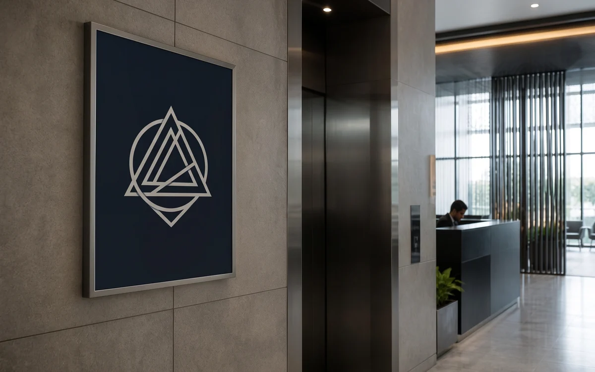 Framed dark logo panel on a lobby wall beside a lift