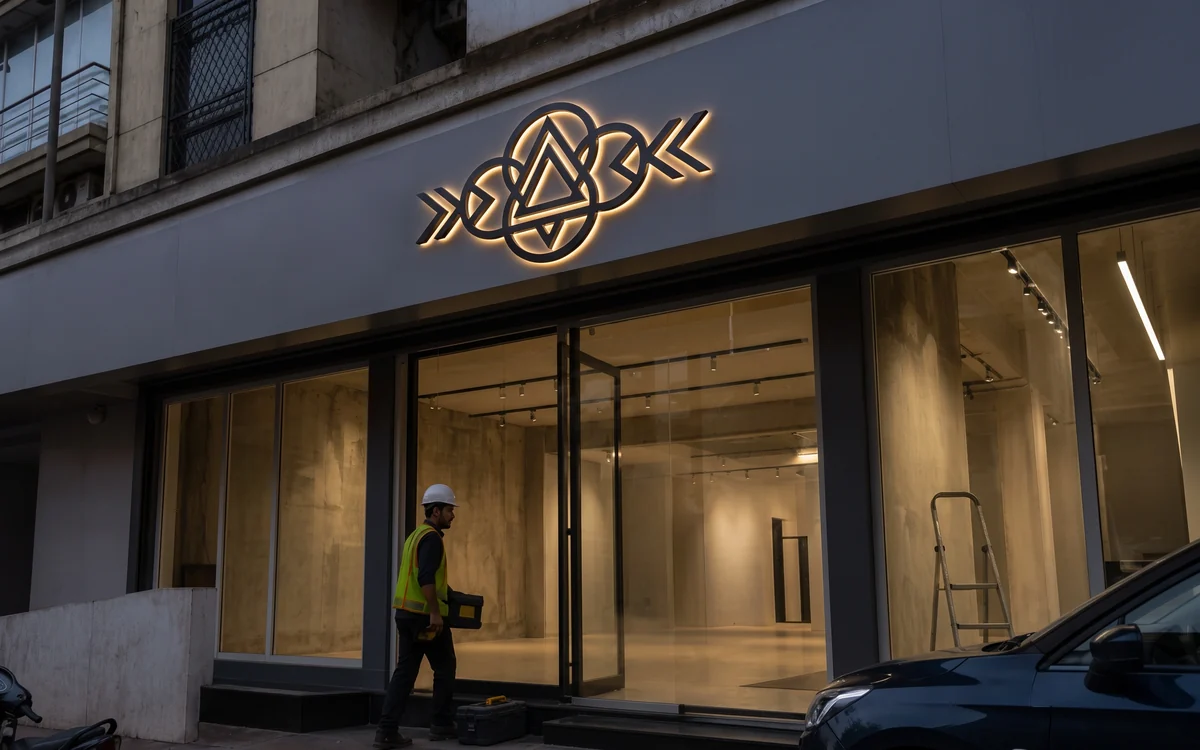 Halo-lit logo above a glass shopfront at dusk, an installer walking past