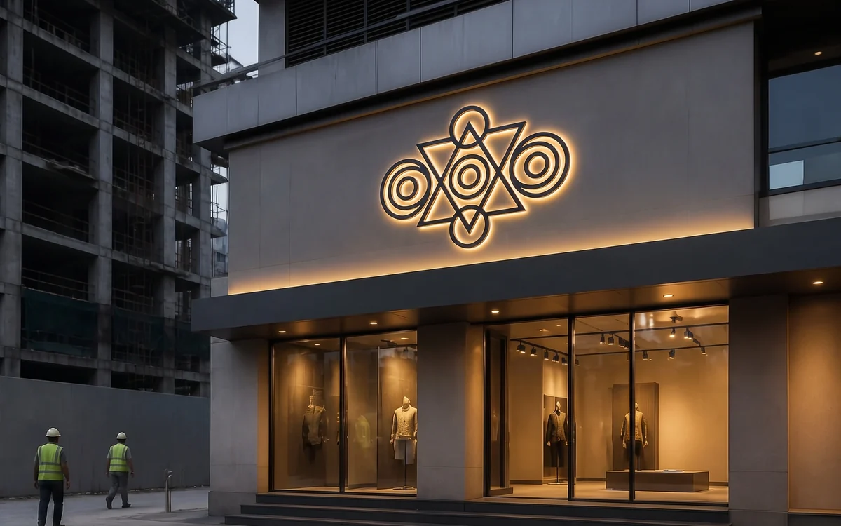 Halo-lit brand mark on a stone fascia above a glazed showroom at dusk, installers nearby