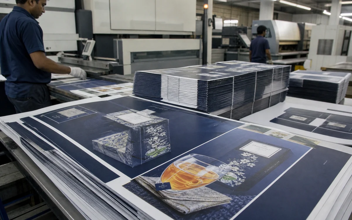 Print operator stacking freshly printed navy brochures and sheets beside a press