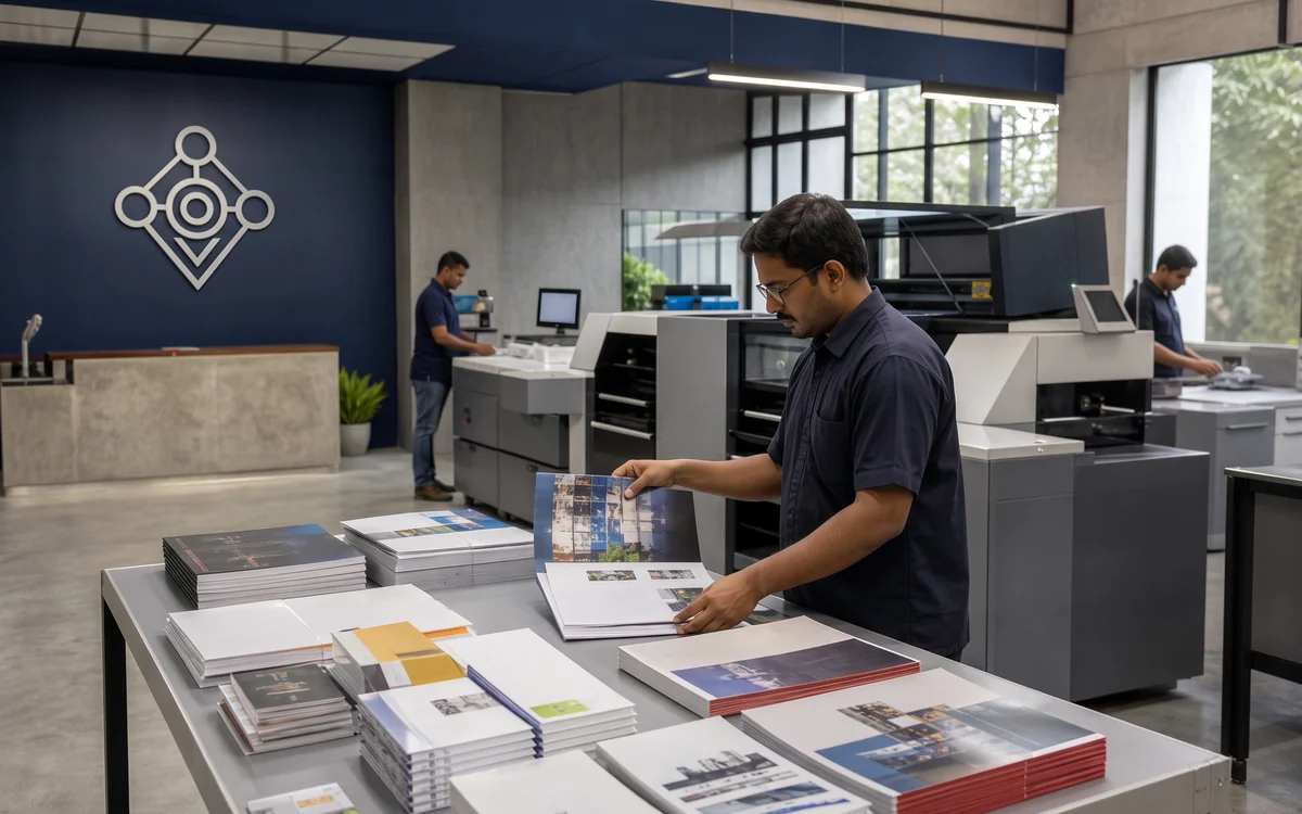 Print studio with a staff member checking printed brochures on a table beside digital presses