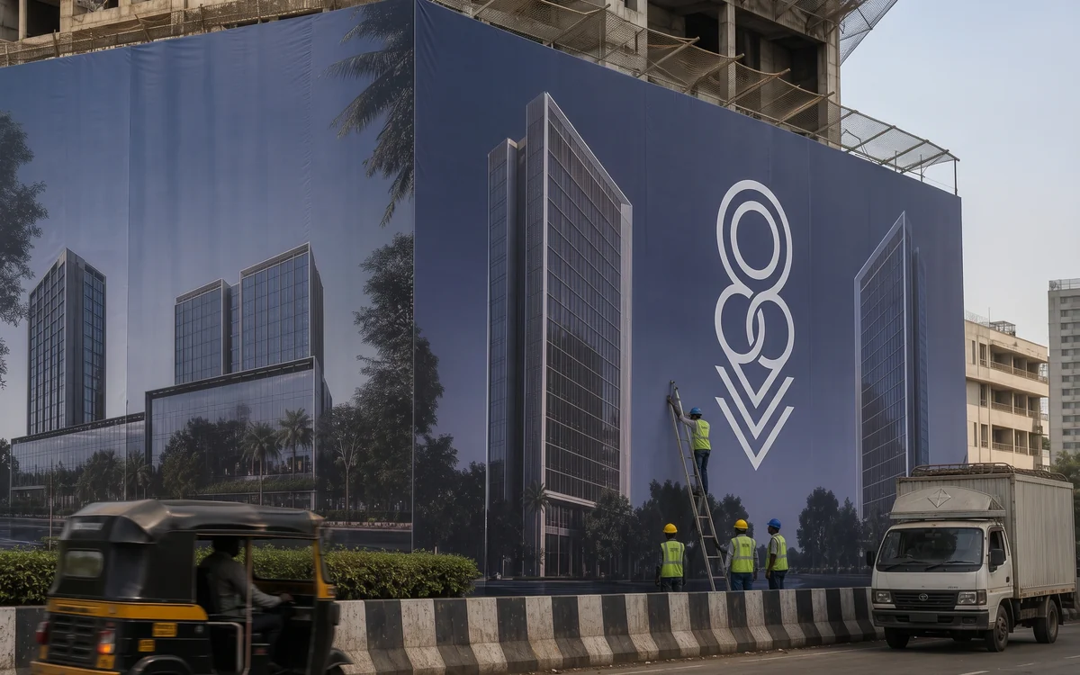 Large printed wrap on a building under construction, workers on scaffolding at its base