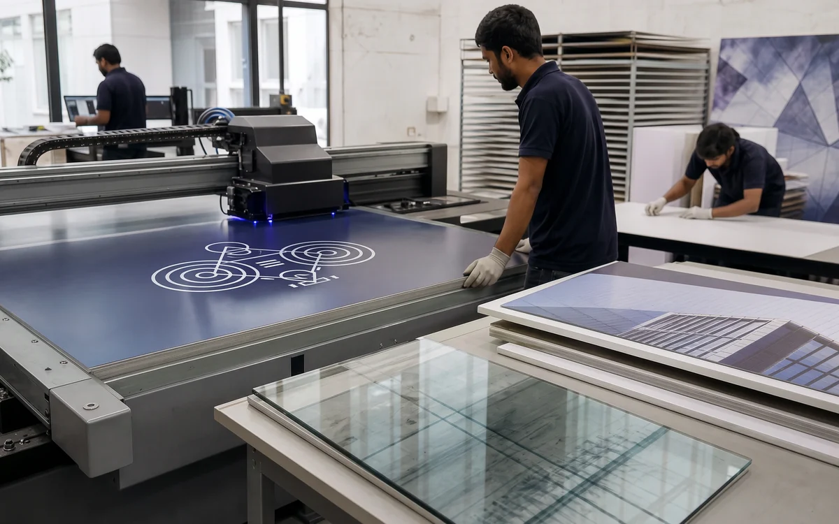 Operator placing a navy board on a UV flatbed printer, glass panels on the table beside it
