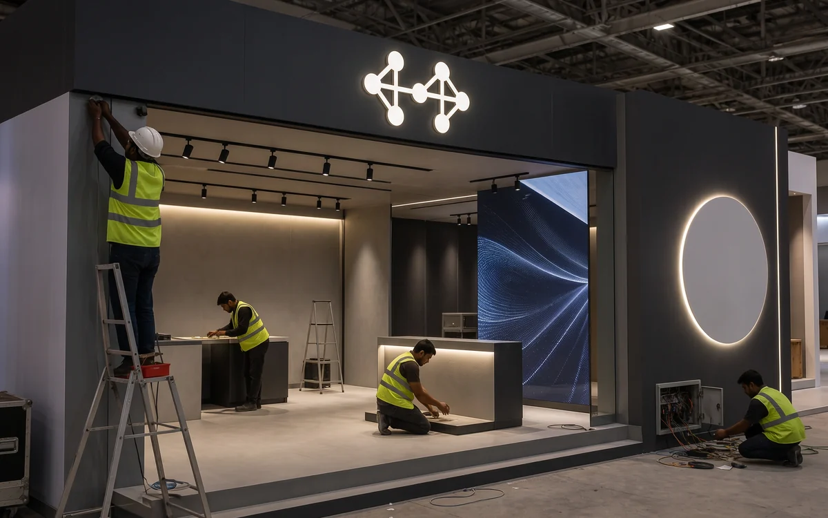 Crew installing lit panels and a counter inside a navy stall in an exhibition hall