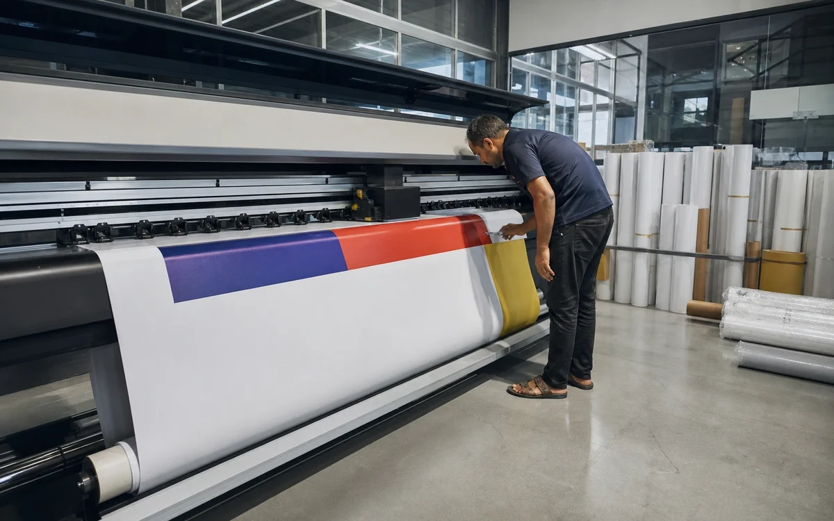 Operator checking a colour banner coming off a wide-format printer, rolls of media behind