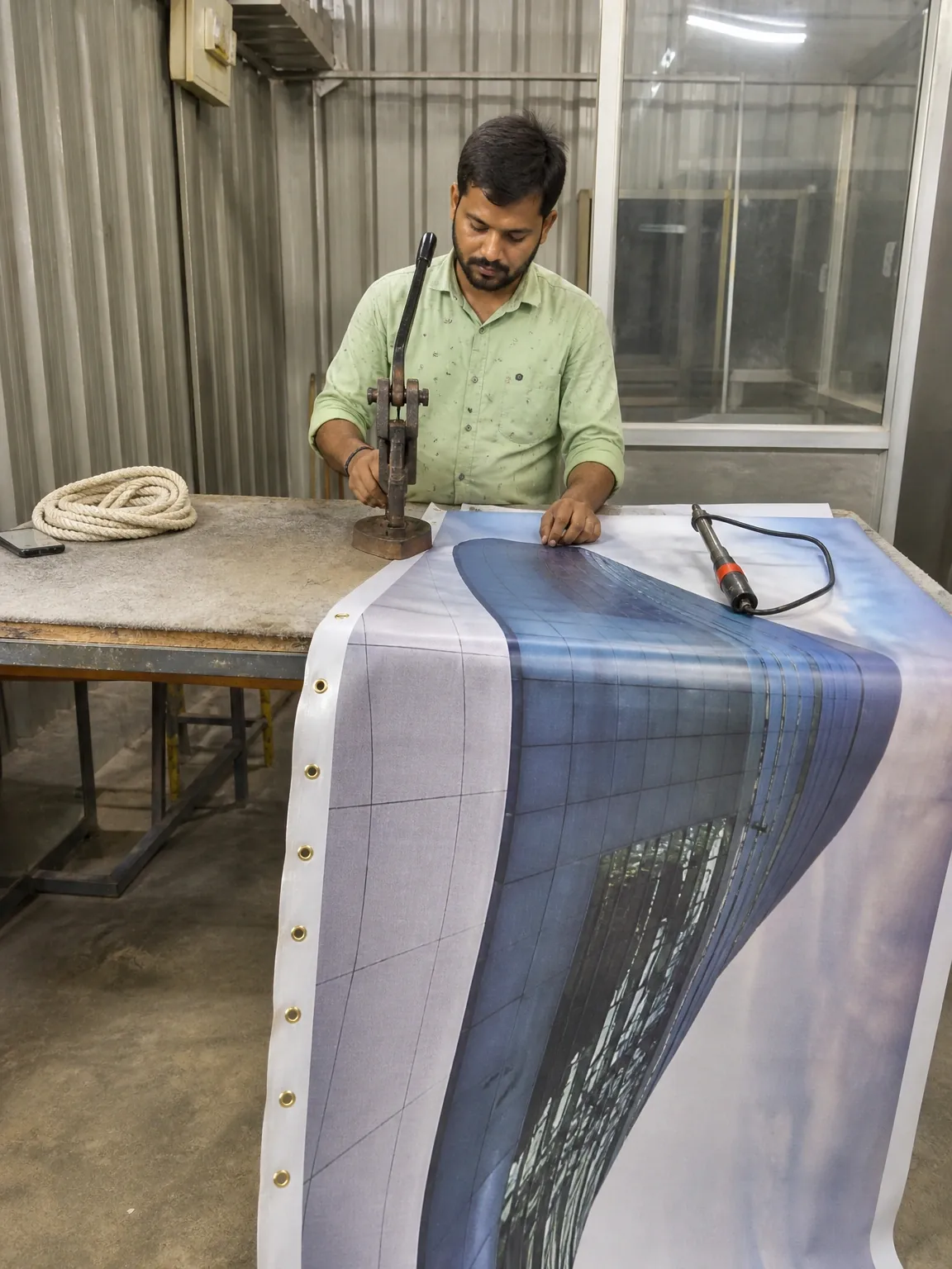 Worker finishing the edge of a printed banner on a workshop table