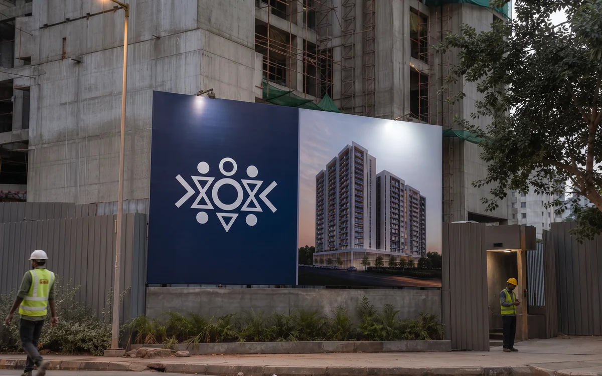 Printed barricade with a logo and building image outside a construction site