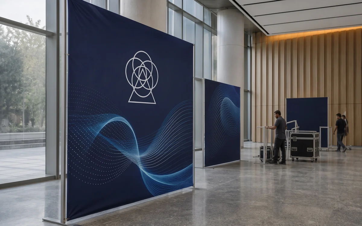 Large printed banners on frames in a building lobby