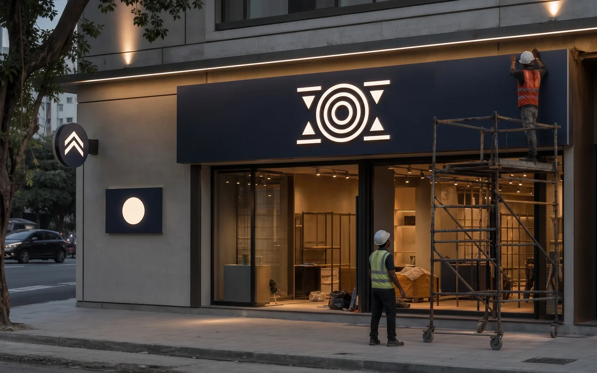 Shopfront with a navy fascia and a lit brand mark at dusk, an installer on a scaffold beside it