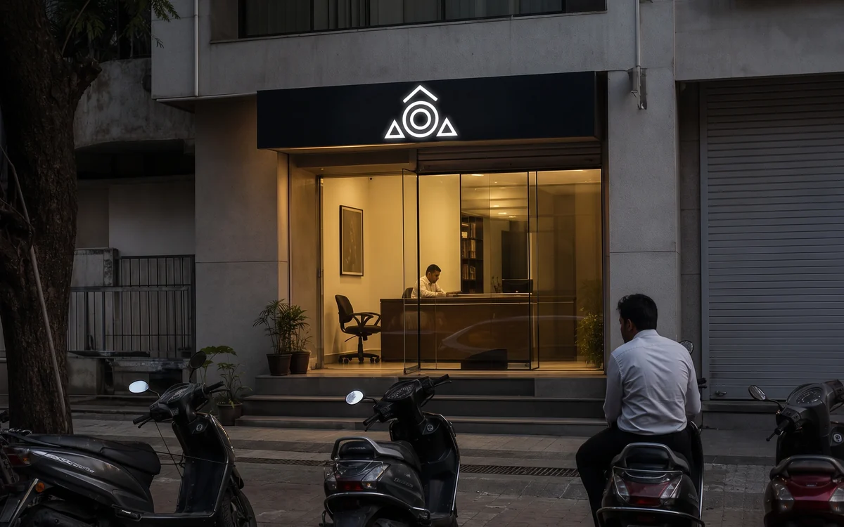 Small shop with a navy lit fascia board, a counter visible inside and scooters parked in front