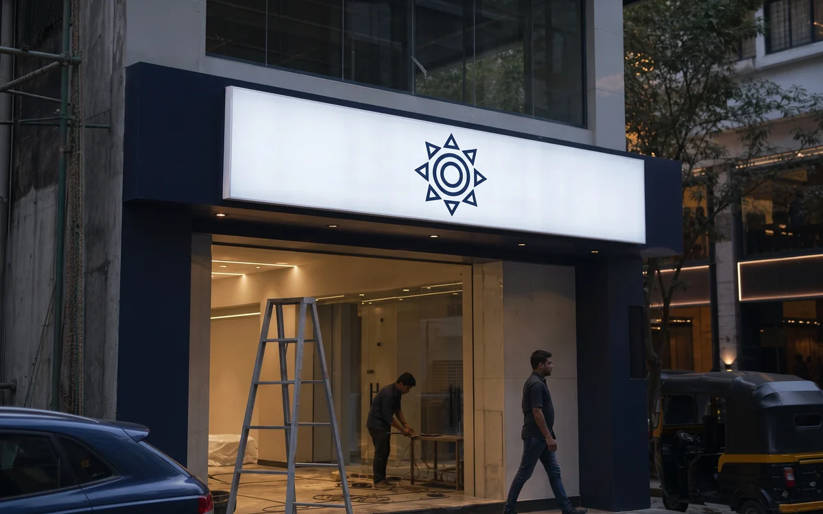 Shopfront with a lit white fascia box above the glazing, a ladder and a worker inside