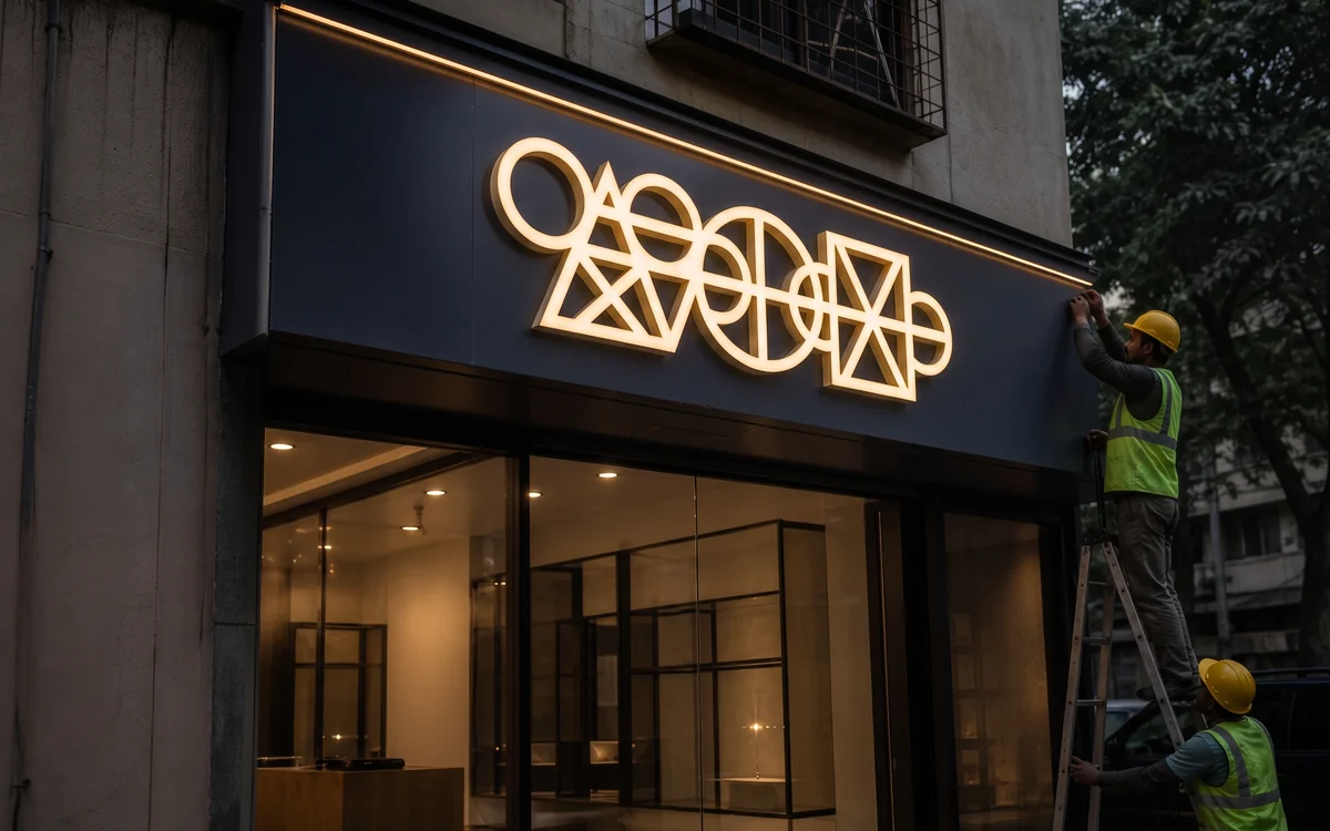 Illuminated patterned fascia above a lit shopfront at dusk, an installer on a ladder beside it
