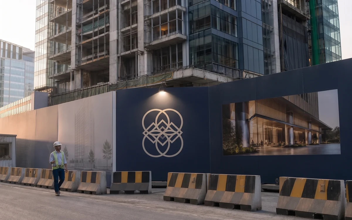 Construction site barricade printed with a navy brand panel along a city street