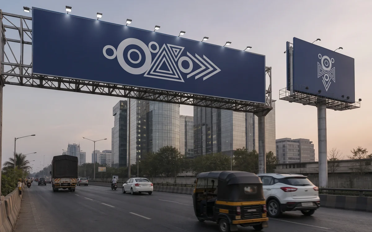 Tall billboard structures beside a busy road at dusk, with traffic below