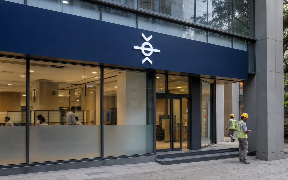 Office frontage with a navy fascia, an illuminated mark and an installer finishing work at the entrance
