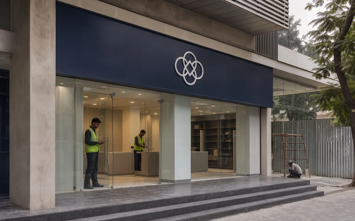 Branch entrance under a navy fascia with an interlocking mark, installers working inside the glazed front
