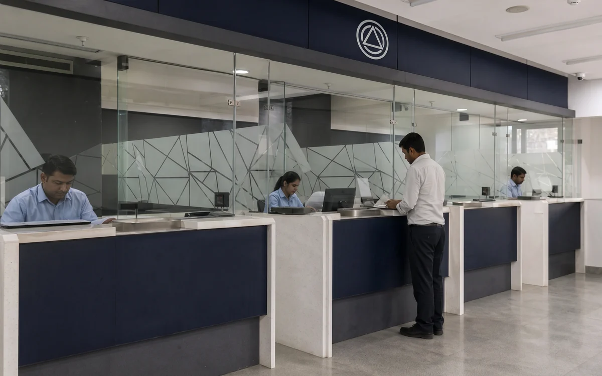 Row of teller counters with navy fronts and glass screens, staff serving customers, a brand mark on the header panel