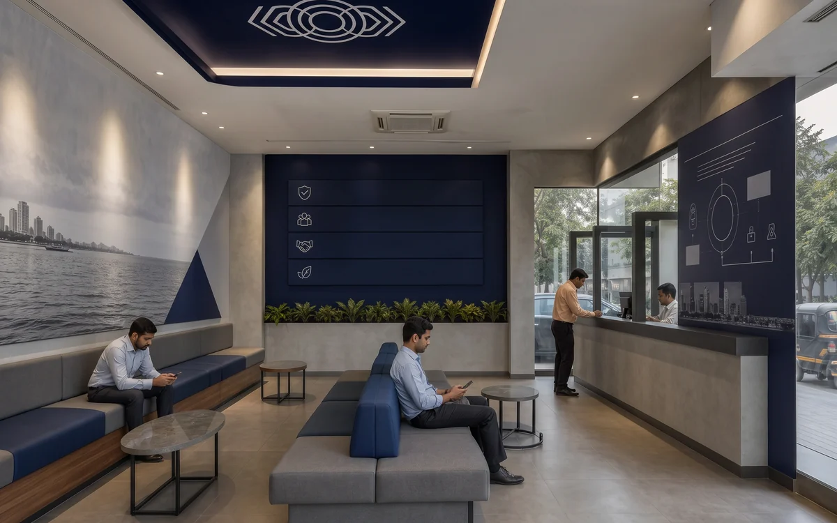 Customer lounge with navy seating, a wide landscape wall graphic and a brand panel above a service desk