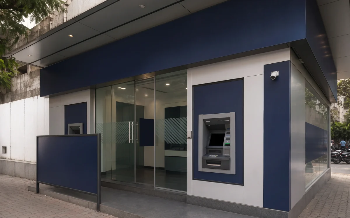 Branch exterior corner with a navy wall panel, an ATM set into the facade and glazed entrance doors