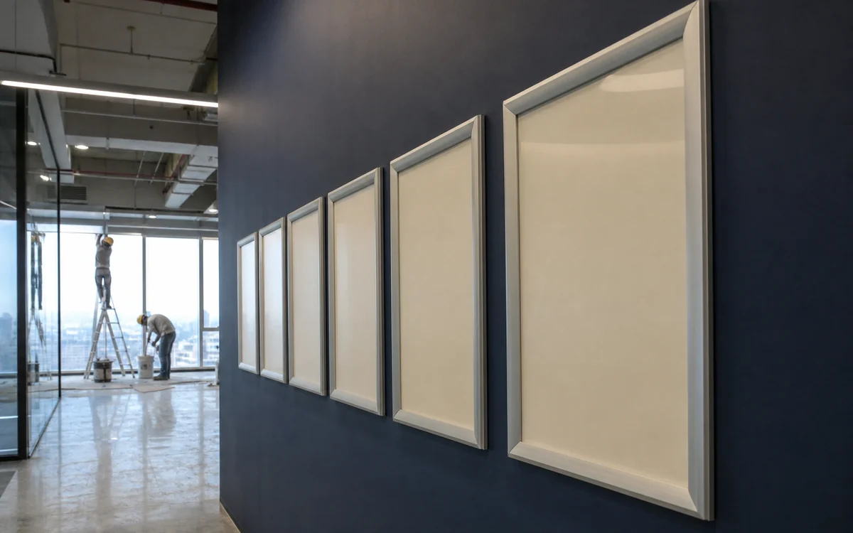 Empty framed display panels fixed to a navy branch wall, ready for printed notices