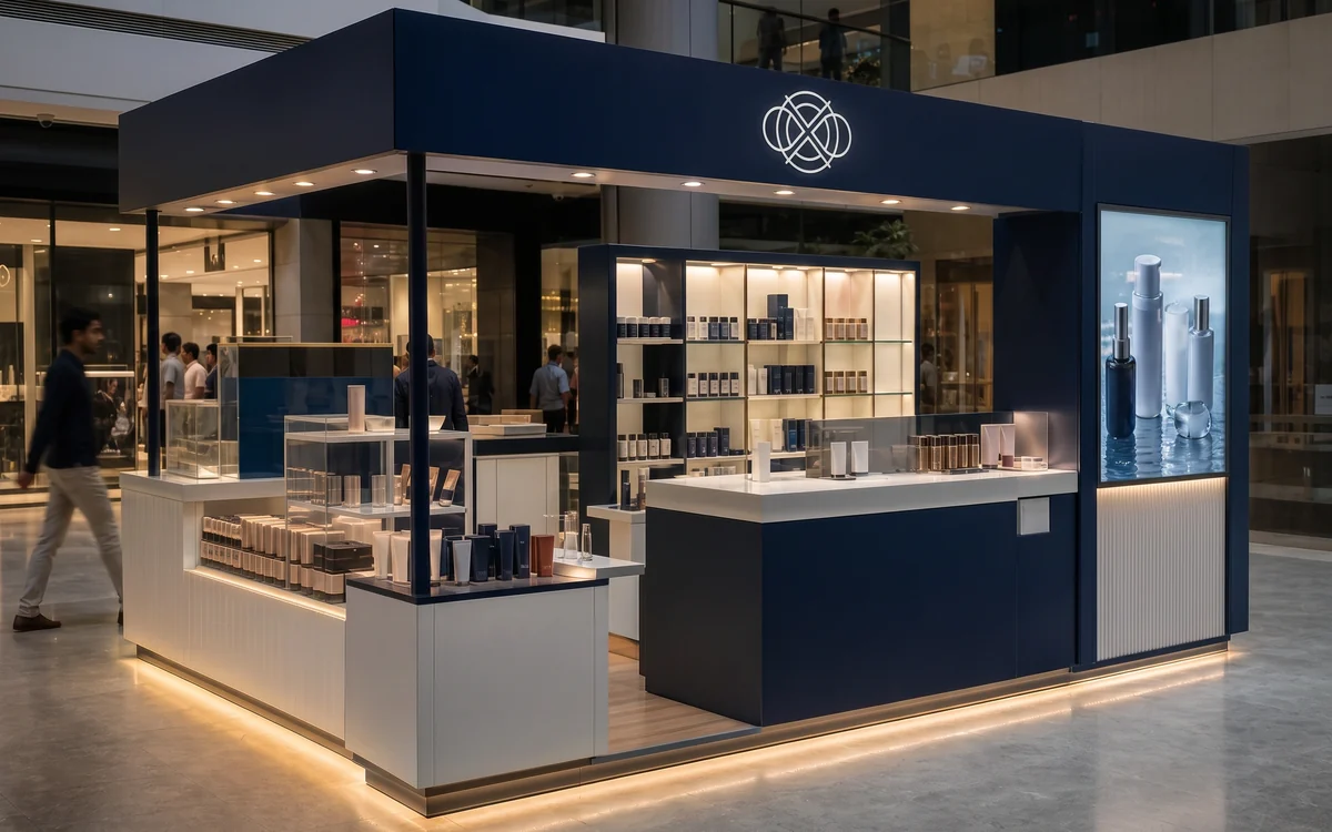 Navy and white retail kiosk with lit shelves and a logo canopy in a mall concourse