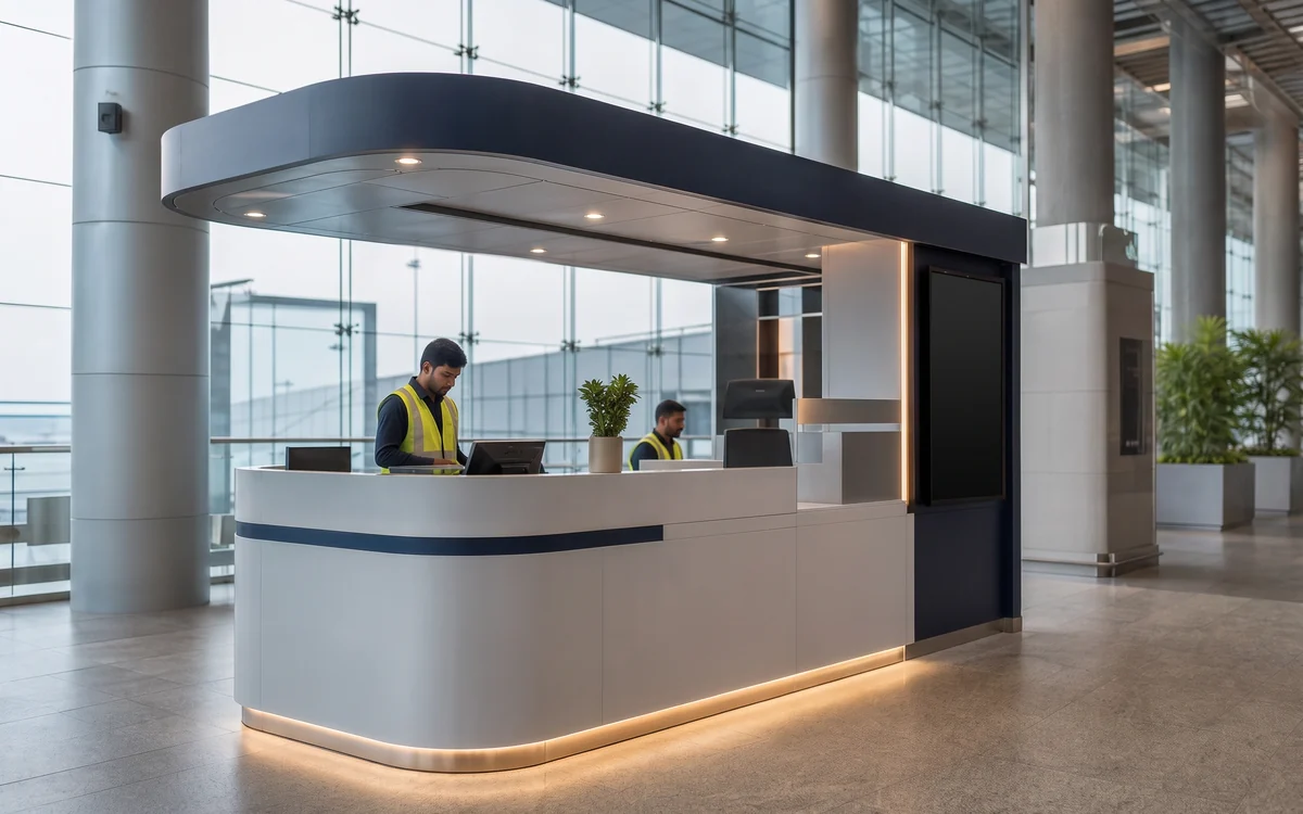 Curved white counter kiosk with a navy canopy in a glazed concourse, staff behind the counter