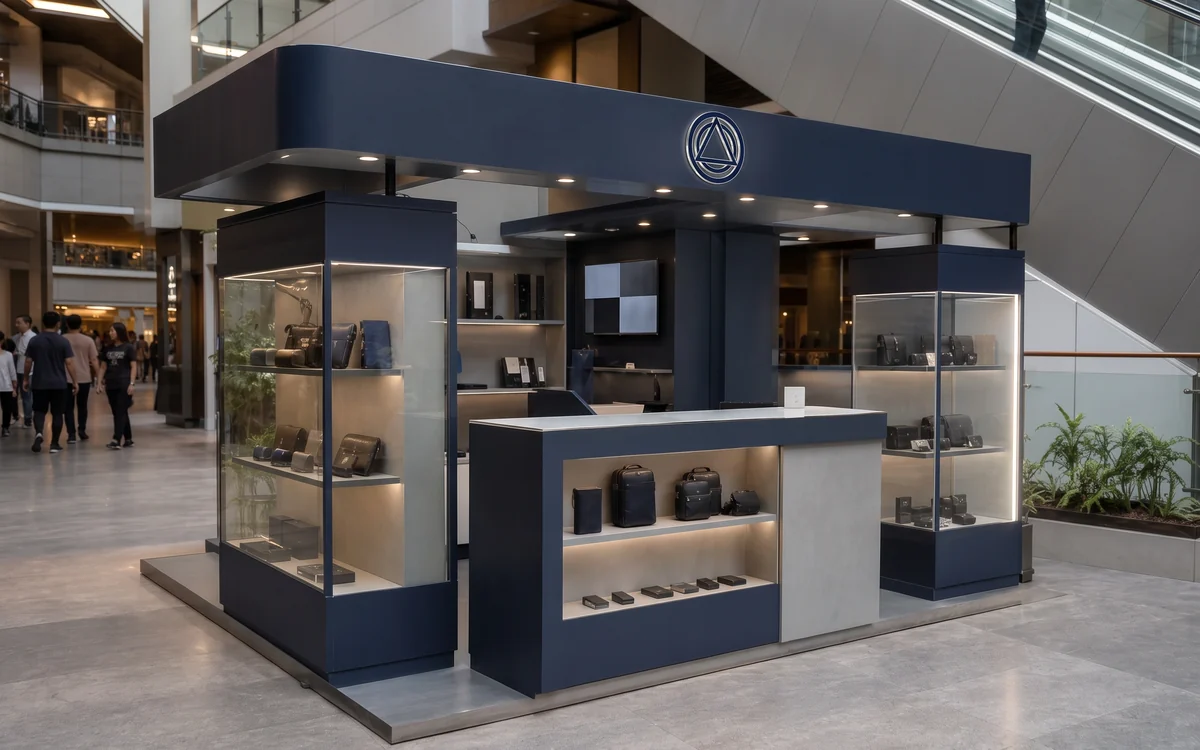 Navy retail kiosk with glass display cabinets beside an escalator in a mall