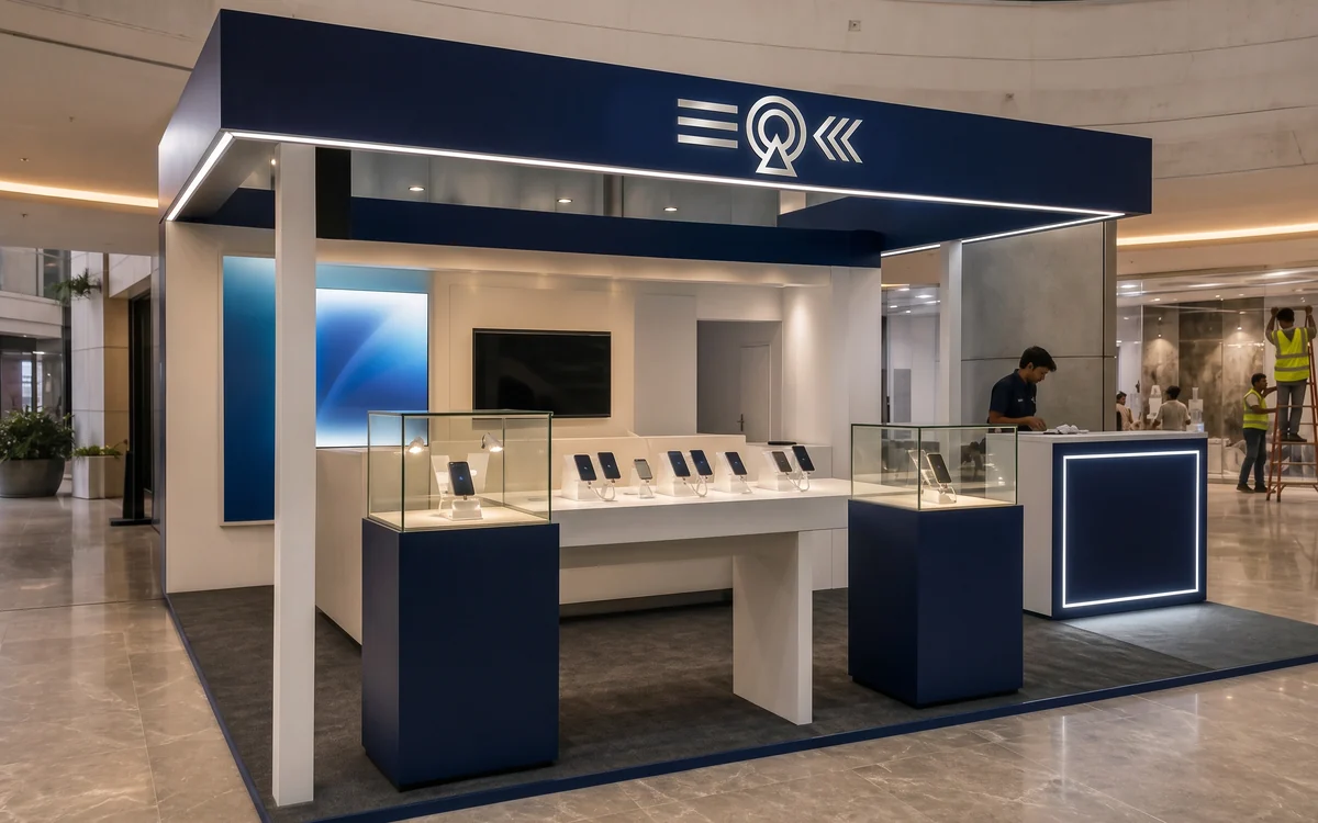 Open kiosk with lit display plinths and a screen wall in a mall atrium
