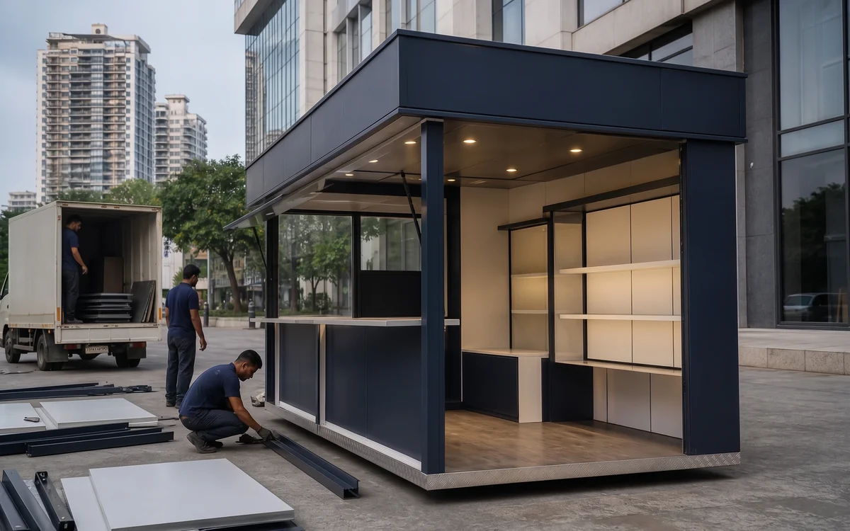 Crew assembling a knockdown kiosk from panels unloaded off a truck