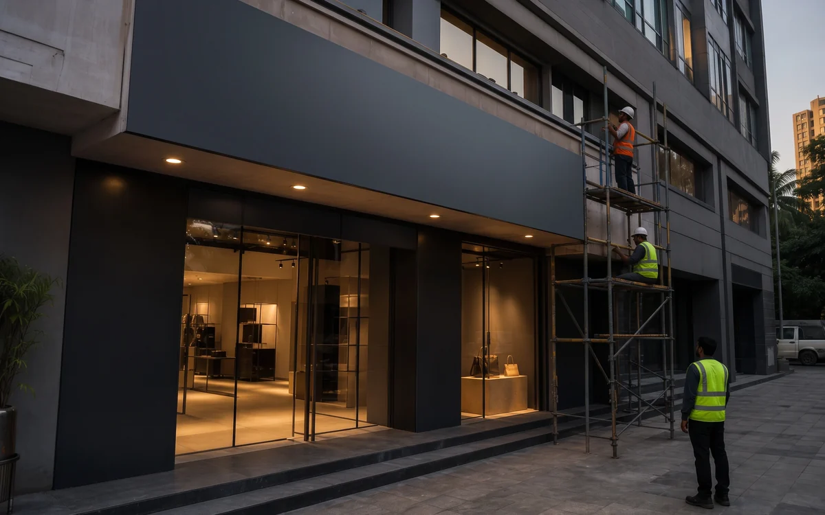 Dark fascia band above a lit glazed frontage at dusk, installers on scaffolding at the side
