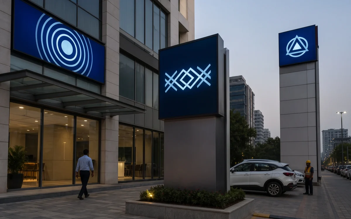 Lit logo panels on an office front and a freestanding pylon sign at dusk