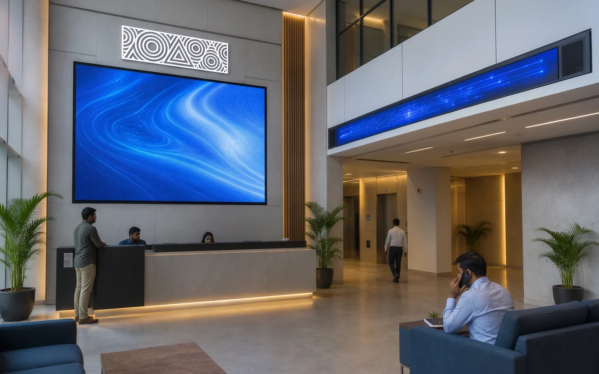 Office lobby with a large LED screen and a lit logo above the reception desk