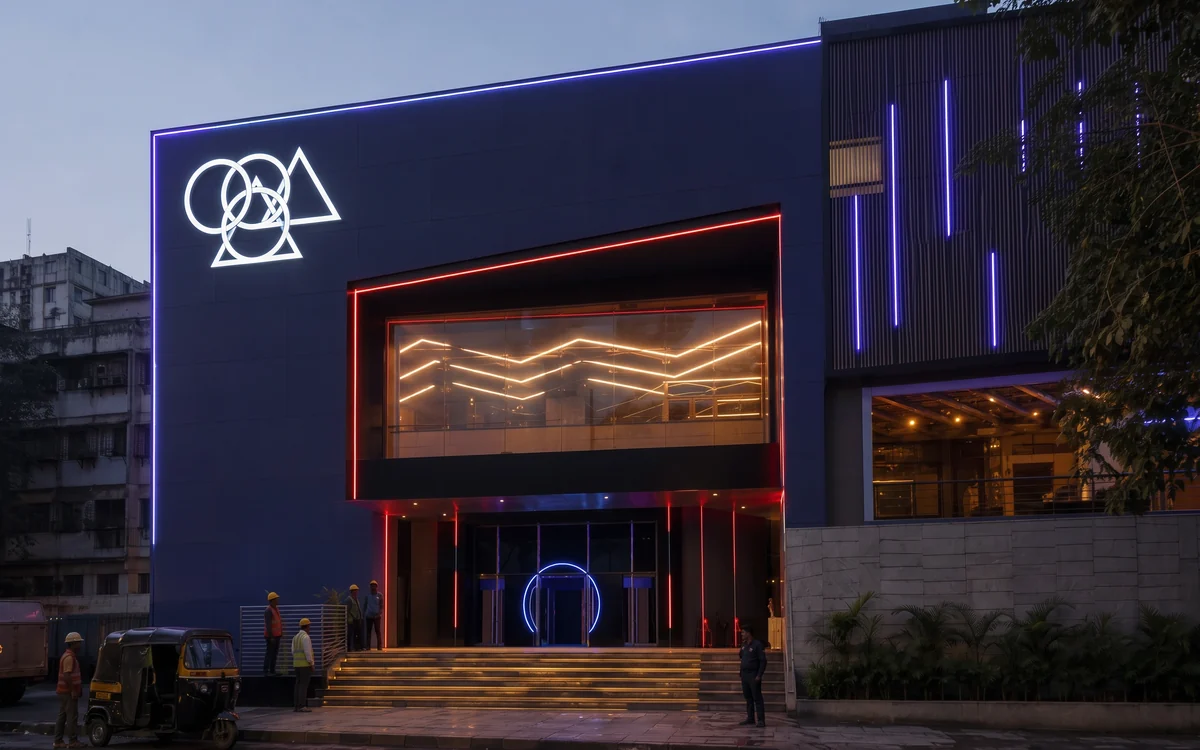 Building front outlined in red and blue light lines, with a lit logo and window display
