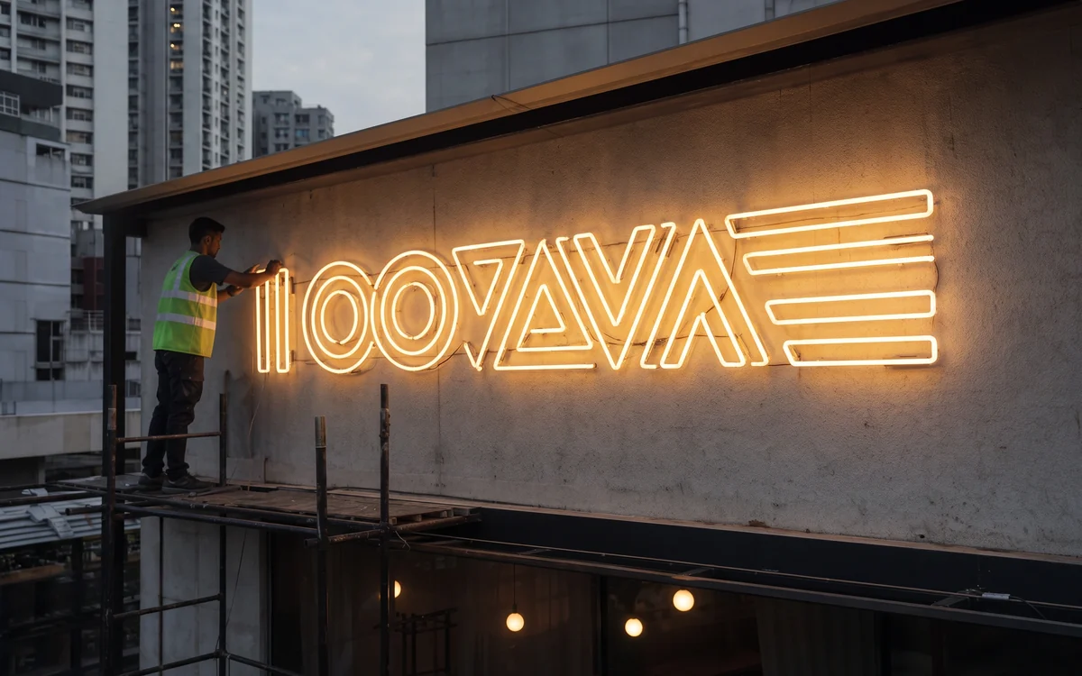 Installer on scaffolding beside glowing line lettering on a concrete wall at dusk