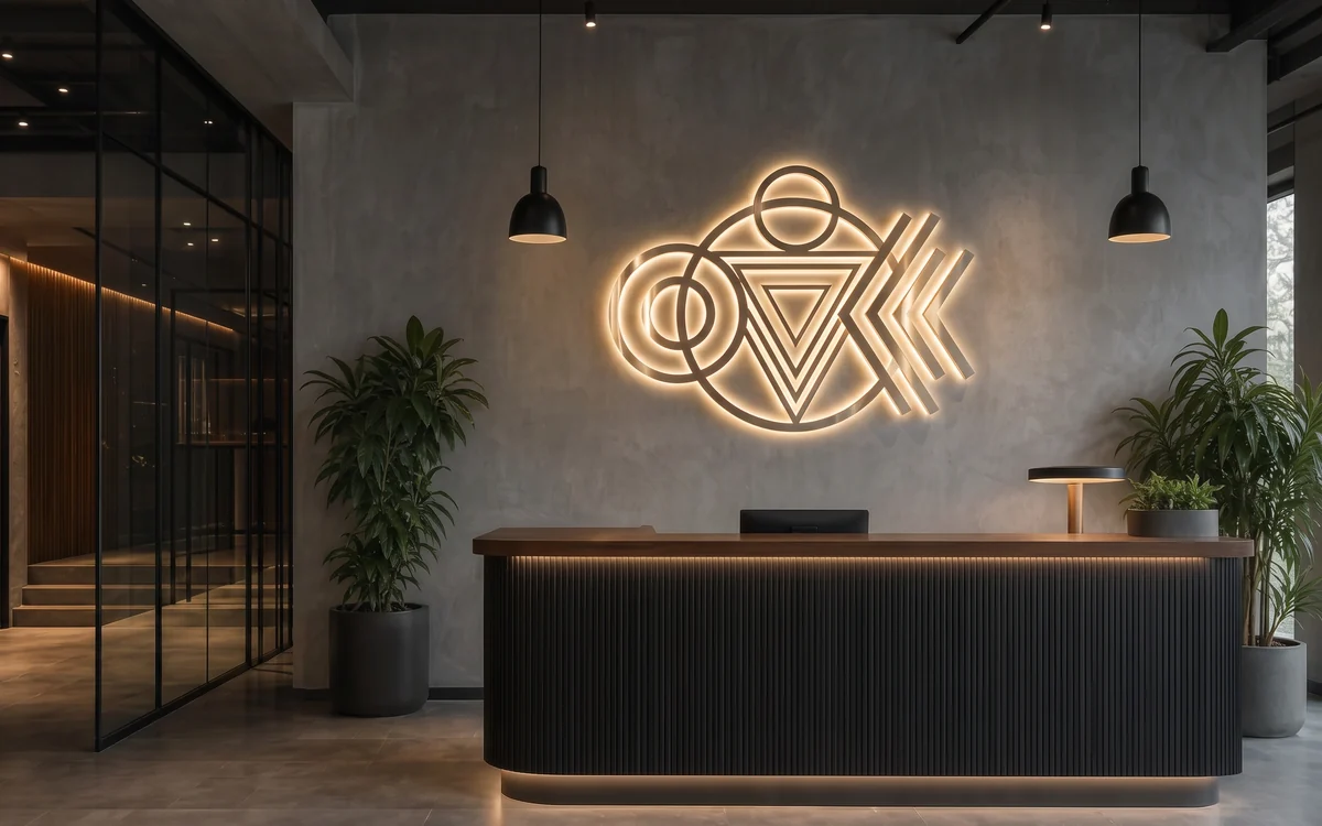Glowing line-art logo on a wall behind a reception counter