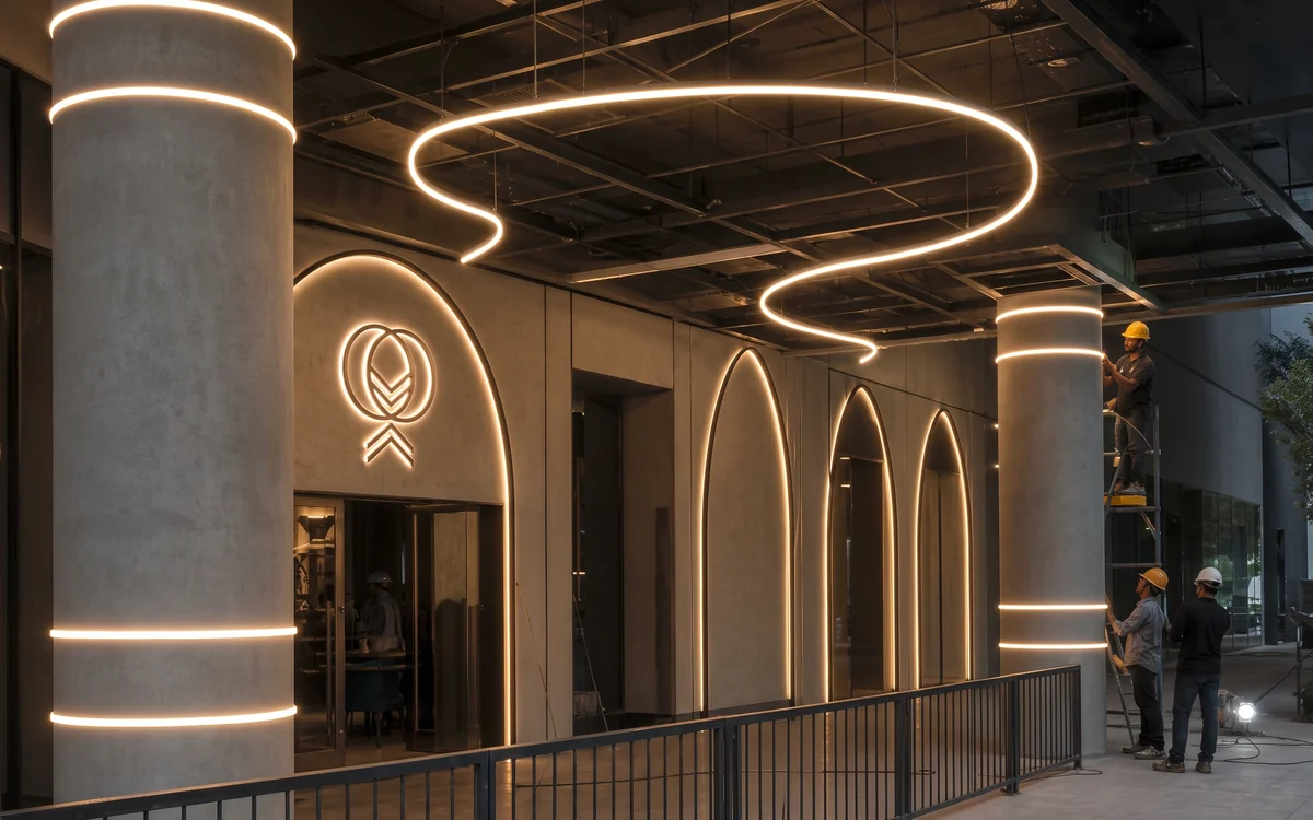 LED neon lines running across columns and the ceiling of a restaurant terrace at night