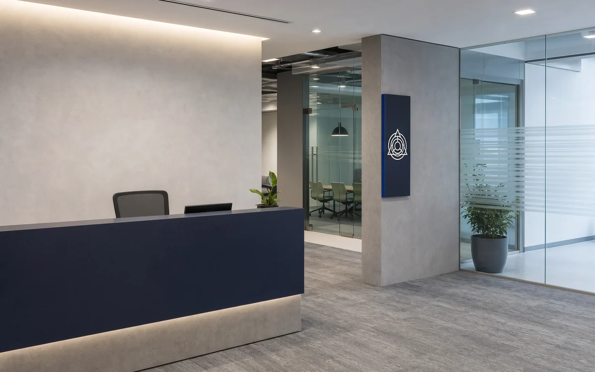 Office reception with a navy desk, a logo panel and frosted glass partitions