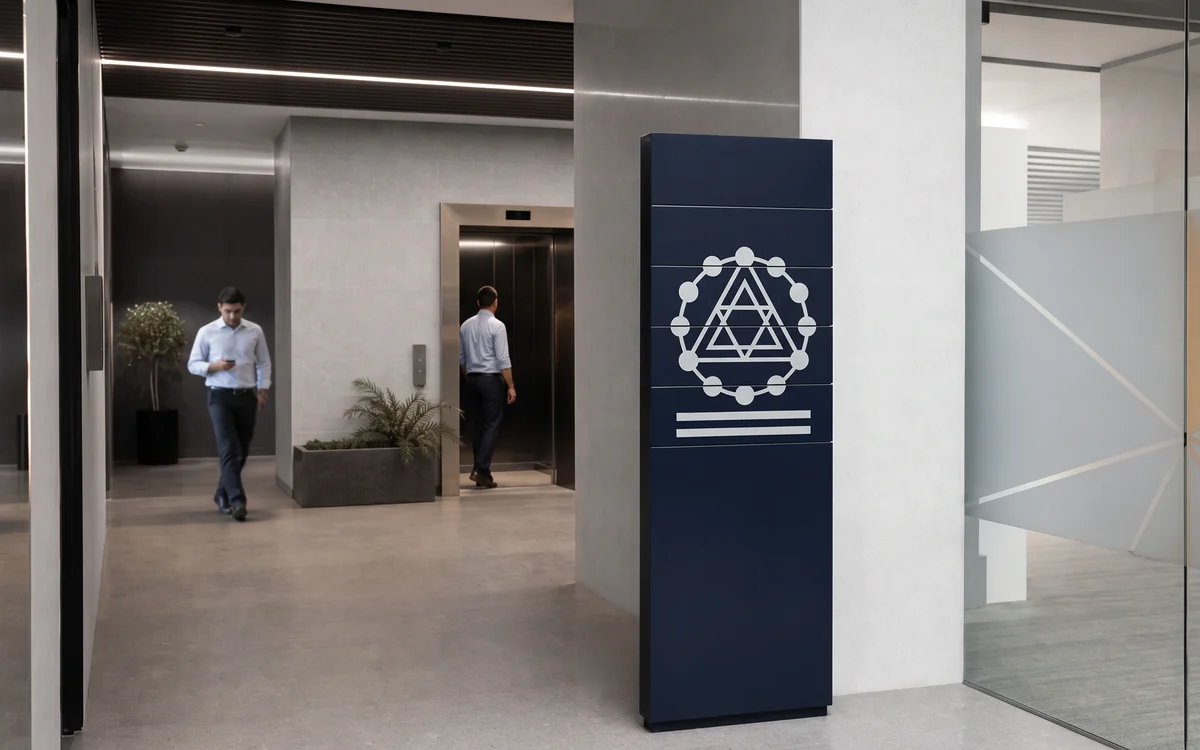 Freestanding navy directory sign with a logo in an office lift lobby
