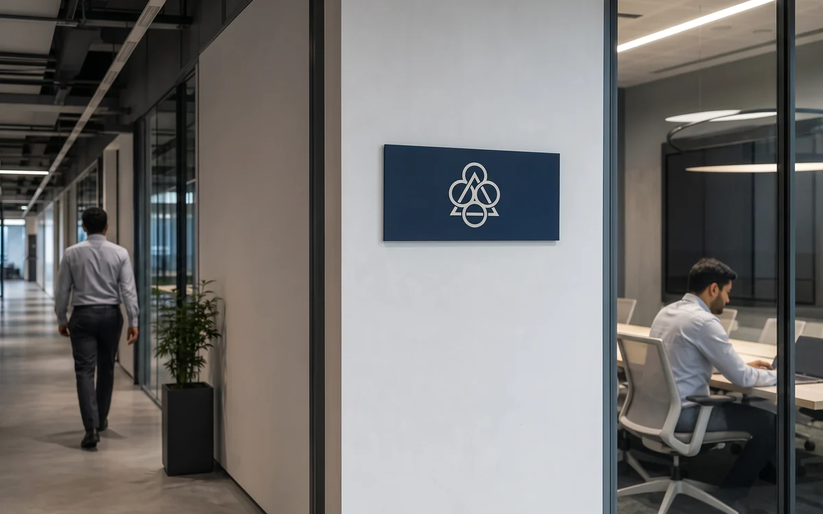 Navy logo plaque on a corridor wall beside a glass meeting room