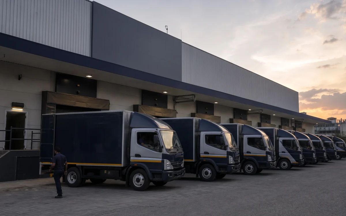 Row of navy-branded delivery trucks parked at a warehouse dock at dusk