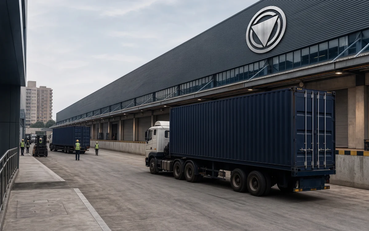 Navy container truck in a warehouse yard, a logo on the building
