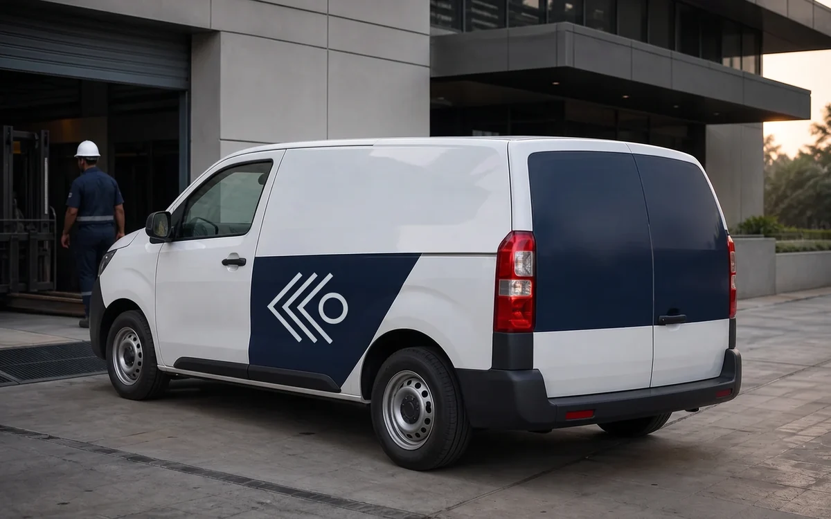 White van with a navy partial wrap and logo outside a warehouse