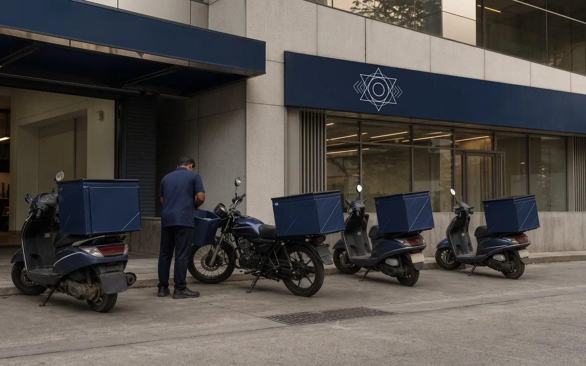 Delivery scooters with branded navy boxes parked outside a store