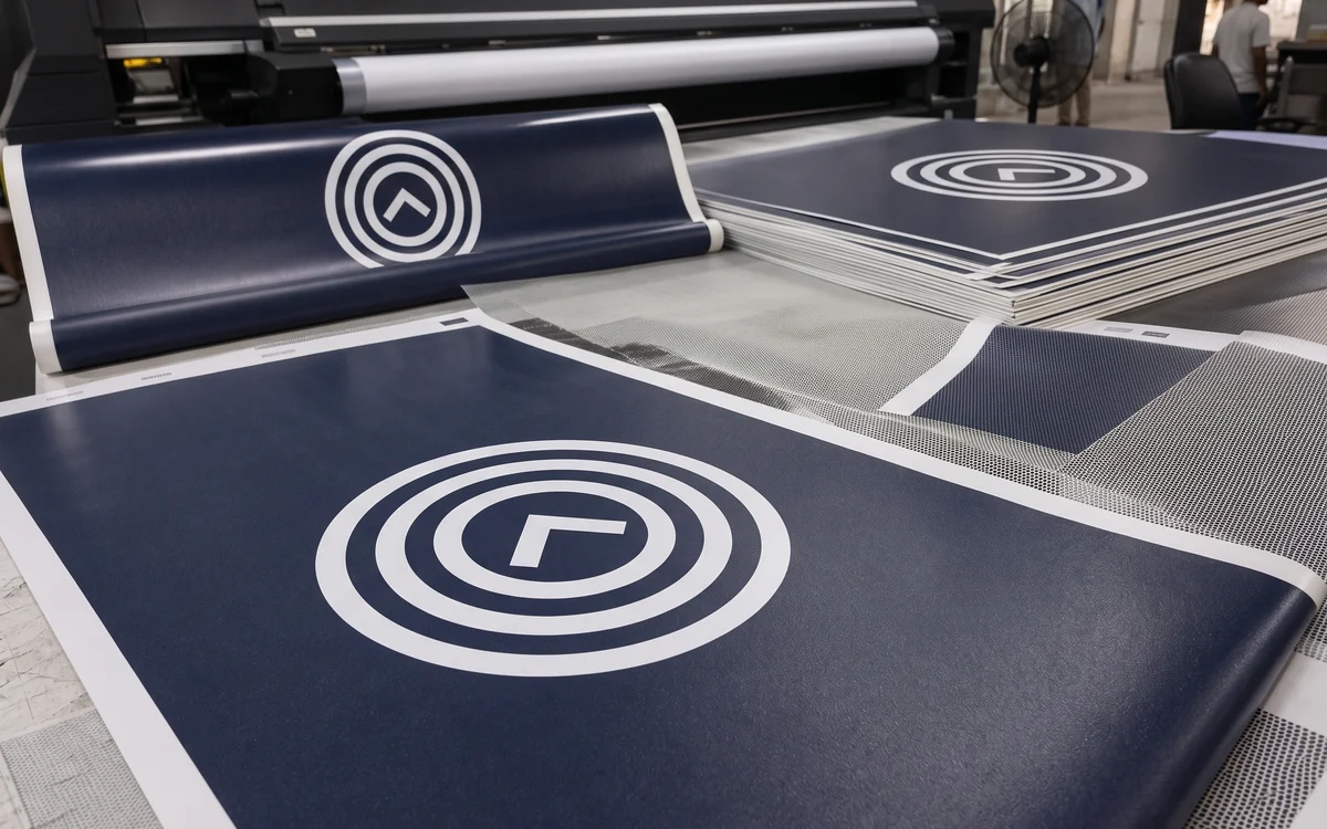 Printed navy vinyl sheets with a white logo laid out beside a wide-format printer